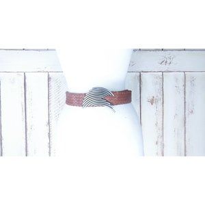 Woven brown braided faux leather belt/silver metal buckle belt/woven vegan leath